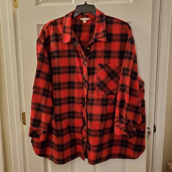 Terra & Sky Tops - Terra & Sky sz 4X buffalo red plaid flannel shirt cabin cozy drop shoulder